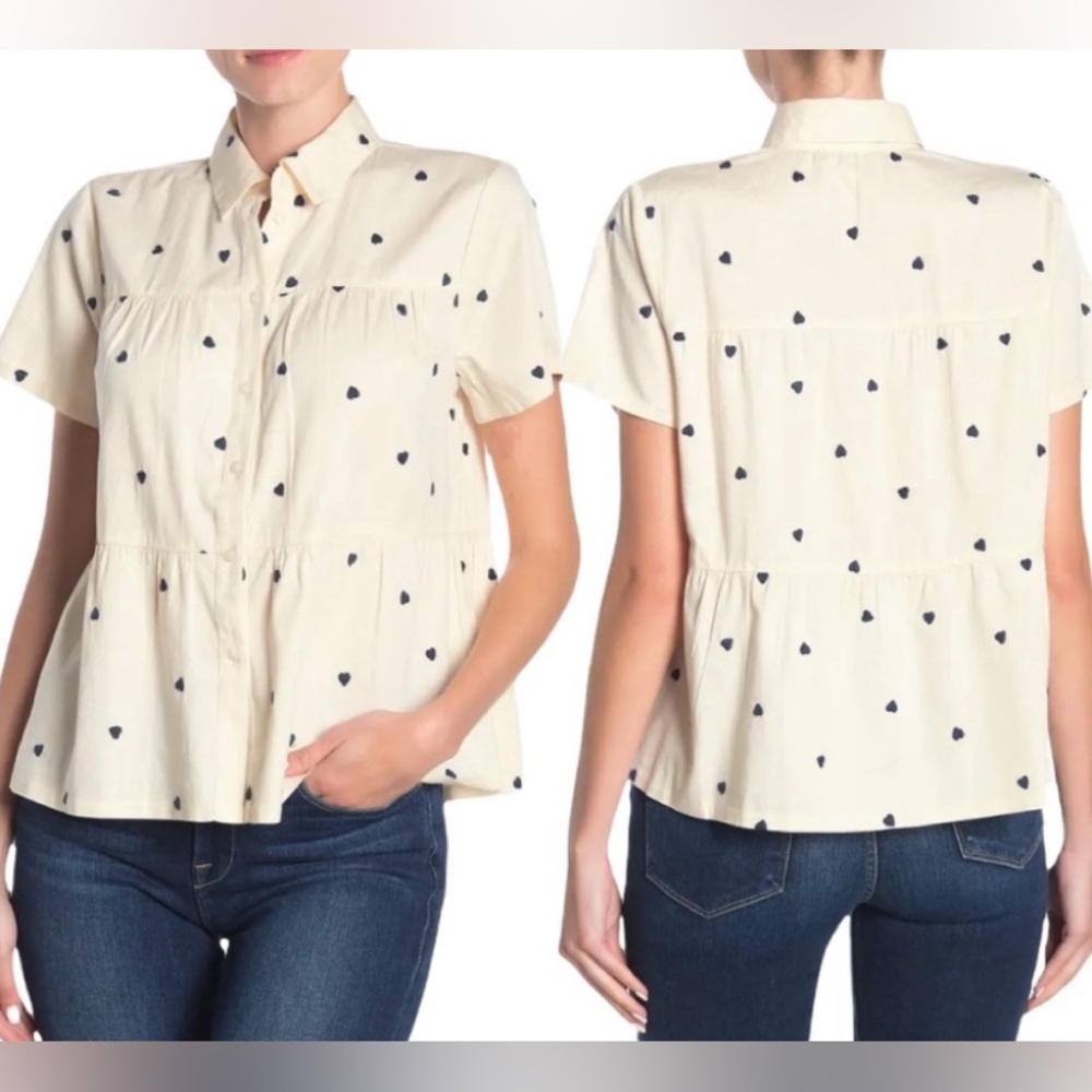 Madewell Embroidered Heart Seamed Short Sleeve Button Down Blouse Size XXS
